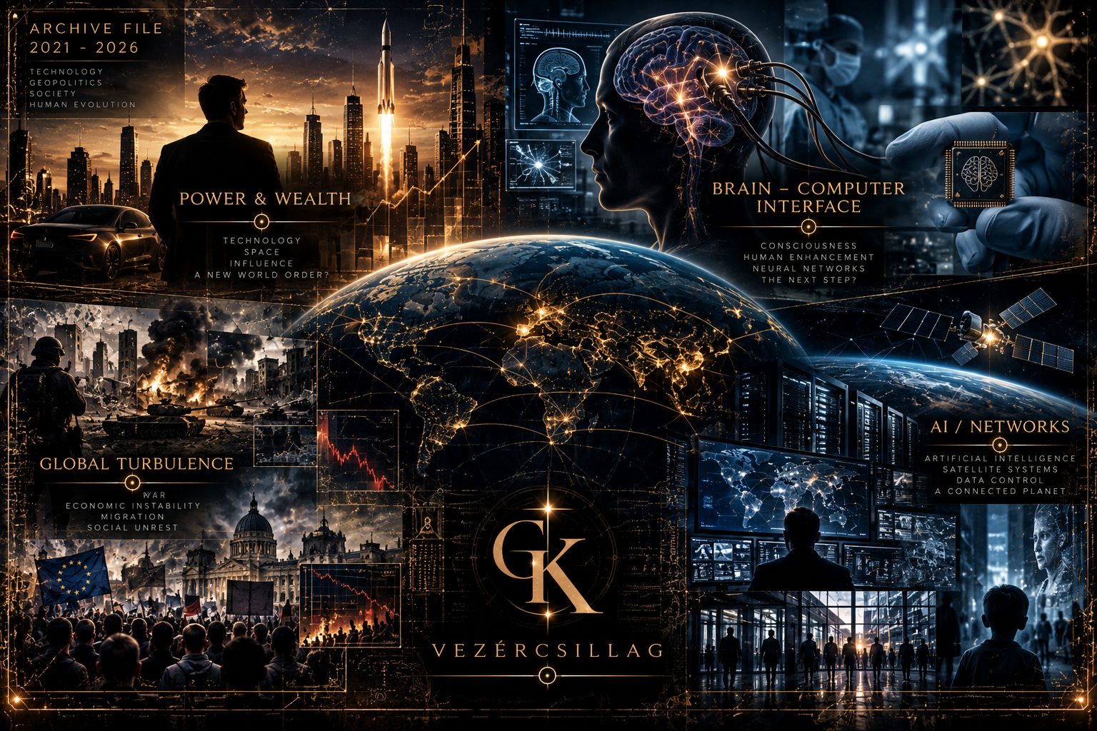 Montázs: hatalom és vagyon, agy–számítógép kapcsolat, globális válság, mesterséges intelligencia – középen a GK-pecsét