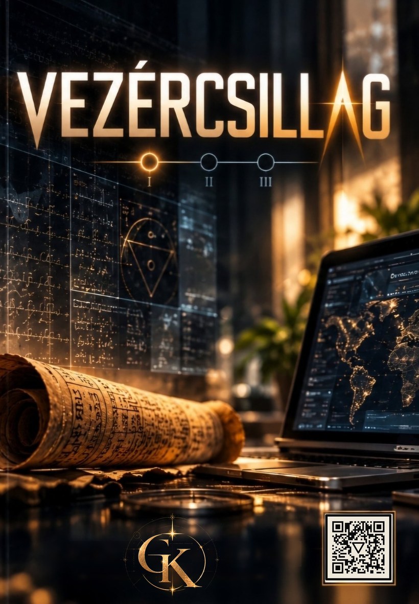 A Vezércsillag könyv borítója: ősi tekercs, laptop, aranyfényű cím
